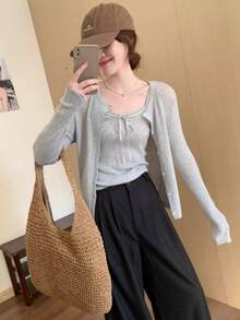 2 件灰色吊带背心和针织开衫套装，优雅修身女士上衣，秋季 - 灰色 - 查看 3