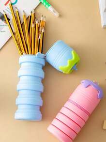 1pc Expandable Pen Holder Stress Relief Pen Bag, Round Pen Cup, Cute Cartoon Animal Silicone Pouch, Gift & School Supplies