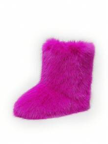 Women's Furry Faux Fur Boots Fuzzy Fluffy Mid Calf Snow Boots Suede Warm Fur Lined Booties Flat Fashion Boots - Màu Hồng Tươi - Xem 2