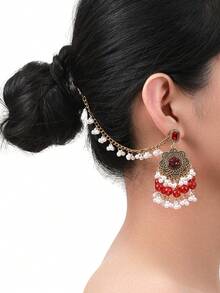 2pcs 2024 New Bohemian Style Women Jewelry Earrings - 1 Pair Vintage Finish Zinc Alloy Earrings With White/Black/Green Rhinestones & Faux Pearl Beads Tassel Design, Perfect For Daily Wear And Gifting