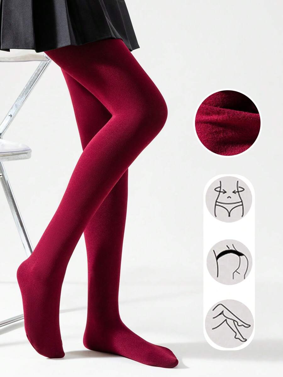1 par de medias de mujer de color rojo vino de felpa, leggings delgados y elásticos forrados con pelusa para otoño y primavera