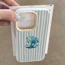 1pc TPU Material Cute Shell Blue Striped Pattern Phone Case Compatible With IPhone/ Phones - White - View 4