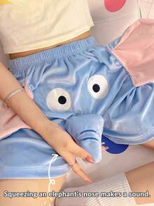 1pc Women/Couple Funny Cartoon Elephant Design Pajama Shorts, Comfortable & Loose Bottoms Sleep Shorts, Applicable For All Seasons, Suitable For Casual Wear - Blue - View 1