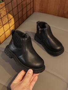 1 Pair Black Soft & Comfortable Elastic Fabric + PU Toddler/Kids Boots, Warm Lining, Round Toe, Soft Sole, Simple British Style, Suitable For Boys & Girls, Indoor/Outdoor, School, Autumn/Winter