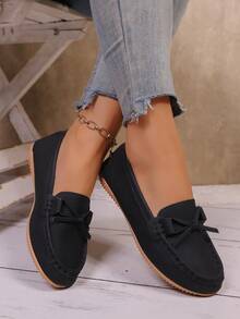 秋冬新款大码百搭圆头一脚蹬乐福鞋，舒适防滑休闲驾车鞋，手工拼布纯色平底鞋，适合日常通勤、购物、度假，黑色皮革配蝴蝶结装饰，简约优雅的女士休闲鞋，女士运动鞋 - 黑色 - 查看 9
