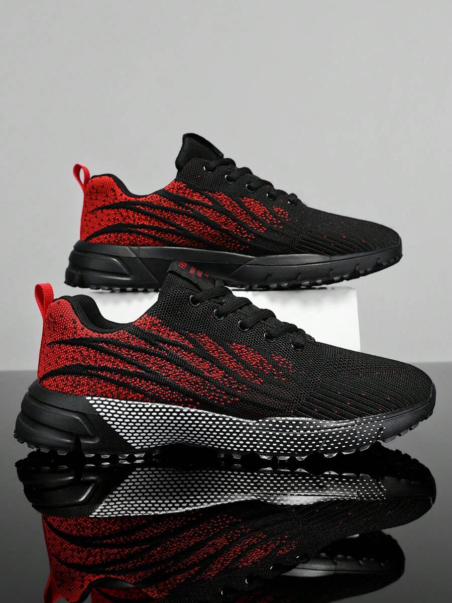Men's Casual Sports Shoes, Breathable Mesh Casual Shoes, Fashion Men's Shoes, Lace-Up Outdoor Running Shoes - Black and Red - View 1