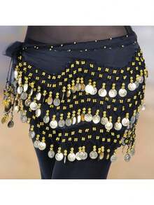 1 قطعة سلسلة خصر للرقص الشرقي، حزام خصر من شبكة معدنية للبدلة، حزام خصر بقطع معدنية ذهبية، بأسلوب بوهيمي - الأسود - مشاهدة 1