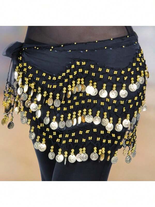 1pc Belly Dance Waist Chain Costume, Metal Mesh Waistband Bodysuit Decor, Gold Coin Waist Sash For Dance, Boho Style