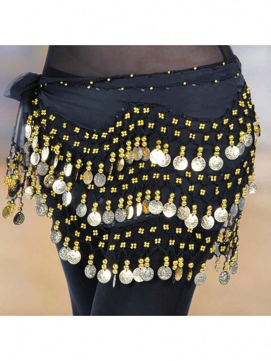1 قطعة سلسلة خصر للرقص الشرقي، حزام خصر من شبكة معدنية للبدلة، حزام خصر بقطع معدنية ذهبية، بأسلوب بوهيمي - الأسود - مشاهدة 1