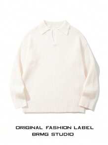 Men's Ribbed Polo Neck Sweater, Casual Loose Fit Pullover Knitted Top, Suitable For Autumn And Winter, Long Sleeve Top