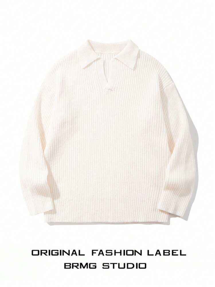 OFFICEAU Men's Ribbed Knit Sweater, Casual Loose Pullover Polo Neck Knitwear Top, Autumn/Winter, Old Money - Apricot - View 6