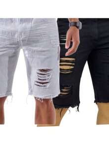 kit 2 Bermuda Premium Lycra Jeans Rasgada Masculina - Branco e Azul Escuro - Visão 4