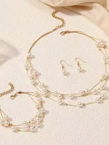 3pcs Elegant Fashion Necklace, Bracelet, Earring Set, Multi-Layer Pearl Chain Jewelry, Suitable For Wedding, Bride, Evening Party