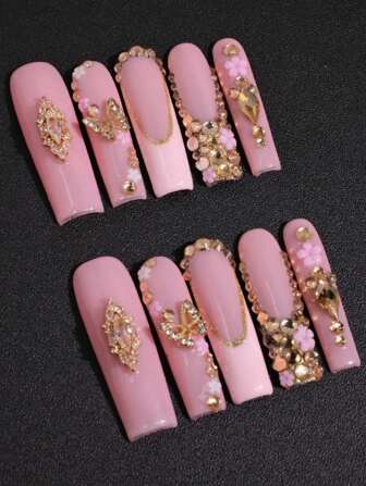 Juego de 10 uñas postizas de lujo estilo barroco en color rosa, de acrílico, cuadradas y largas, con cristales de estrás, mariposas de metal y circonitas, hechas a mano para mujeres y niñas, para fiestas y festivales