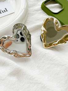 1 件心形镜面手机支架，电镀金属皱褶粘合可伸缩桌面支架，简约设计，兼容 、Android 手机，生日、家人、朋友礼物，推拉式手机握把手机配件 - 愛心鏡子 - 查看 3