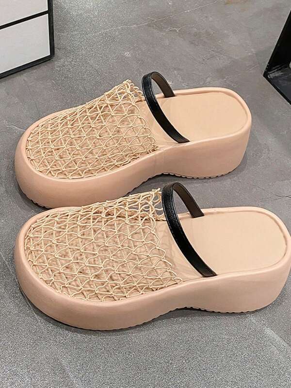 Women's Casual Slippers - Fashionable And Comfortable, Thick Sole Design, Comfortable Lace Mesh Upper, Available In Black Or Beige. Perfect Ladies Footwear For Spring And Summer