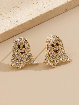 2 件全水钻趣味鬼魂耳钉，时尚可爱小众百搭耳环，适合万圣节派对