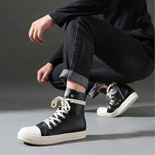 Men's Thin Shoelaces, Round Toe Shoes, High-Top Casual Shoes, Minority Retro Thick-Soled Skateboard Shoes. - 黑色 - 查看 5
