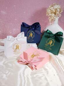 Custom Mini Wedding Favor Boxes: Elegant Boxes With Gold Design ,Names Of The Groom And Bride, Wedding Date, Featuring Lovely Satin Ribbons In Pink And Gold - Perfect For Treats, Chocolates, And Small Gifts For Weddings, Engagements, And Bridal Showers - 11.5x4.5x10cm - View 3