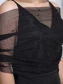 1 件新娘仿珍珠薄纱披肩，黑白短款露肩性感新款跨境伴娘臂套斗篷、派对和婚礼披肩 - 彩色 - 查看 5