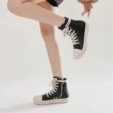 Woman's Thin Shoelaces, Round Toe Shoes, High-Top Casual Shoes, Minority Retro Thick-Soled Skateboard Shoes. - 黑色 - 查看 4
