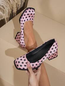 法式复古玛丽珍鞋，新款春季女士高跟鞋，韩版大码真皮鞋，纯色优雅方头粗跟鞋，优雅，派对，波点 - 粉色 - 查看 5