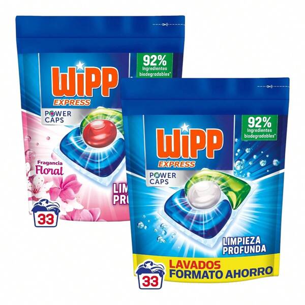 WIPP Wipp Express Power Caps Detergente en Cápsulas para Lavadora Limpieza Profunda, Eficaz en Agua Fría 33 + 33 lavados  ✅ Entrega de 1-3 días