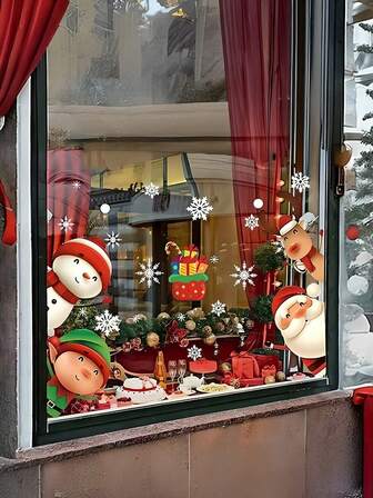 80 件/182 件（4 大张）圣诞雪花窗贴玻璃贴纸圣诞贴花派对节日雪花贴纸圣诞老人驯鹿贴纸圣诞雪花窗贴玻璃贴纸，圣诞节贴花装饰节日雪花圣诞老人驯鹿贴花派对，适用于酒店/餐厅/商业，圣诞节