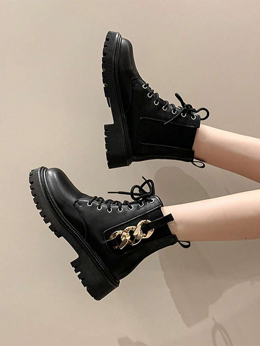 1 pereche de cizme elegante și la modă pentru adolescenți, confortabile și versatile, cu cataramă metalică și șireturi decorative, potrivite pentru exterior, petreceri, naveta - Negru - Vizualizare 1