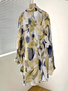女士休闲长袖树叶印花衬衫，前襟纽扣开合，带口袋，卷边袖口，翻领设计，适合秋、冬、春季穿着。 - 黃色 - 查看 2