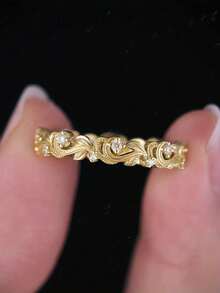 Vintage Elegant Cubic Zirconia Golden Ring For Women Wedding Engagement Promise Jewelry Full Eternity Stacking Wedding Band Daily Party Jewelry Gift For Her - 金的 - 查看 3
