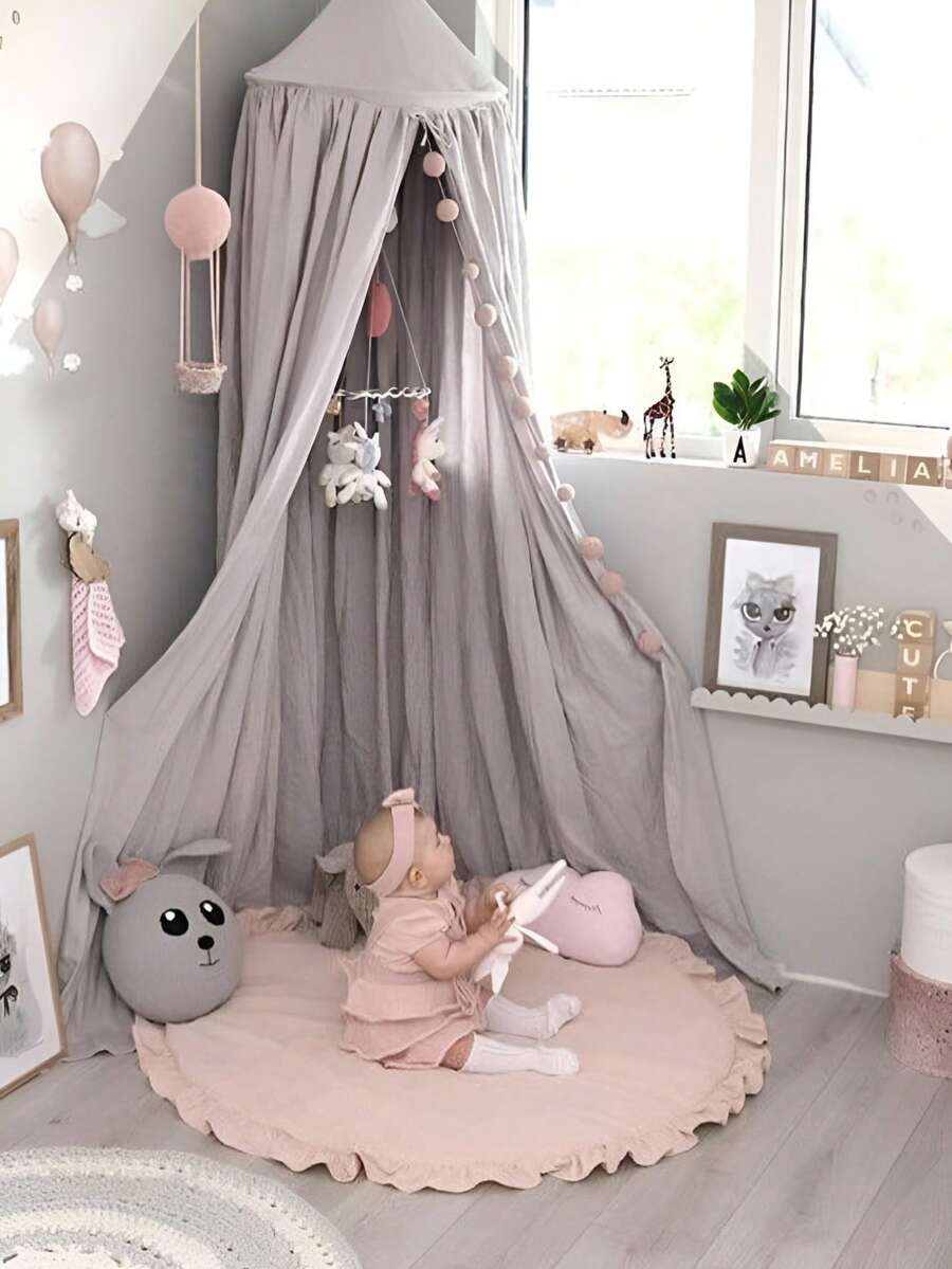 1pc Children's Ruffle Edge Round Solid Color Play Mat, Crawling Pad, Air Conditioning Quilt, Decorative Carpet For Children's Room, Removable & Washable Children's Tent Floor Mat