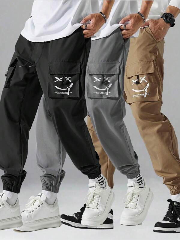 Yemwry Pantalón cargo informal y estampado de letras con cordón en la cintura, para hombre de talla grande