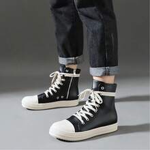 Men's Thin Shoelaces, Round Toe Shoes, High-Top Casual Shoes, Minority Retro Thick-Soled Skateboard Shoes. - 黑色 - 查看 4