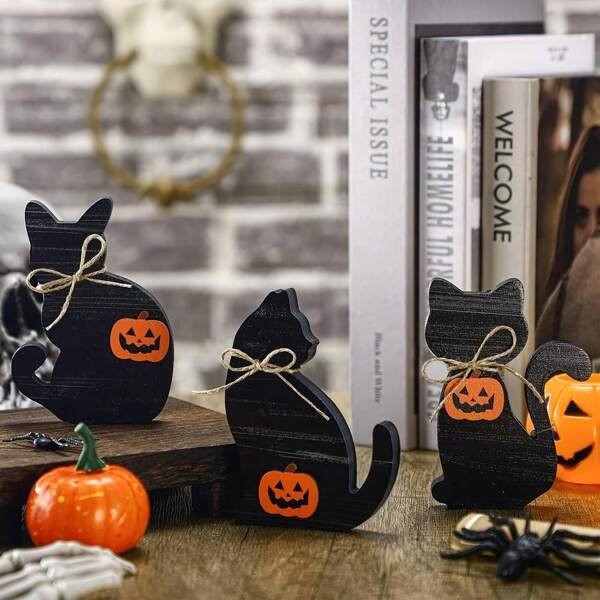 3 Stücke Holz Halloween Schwarze Katze Party Tisch Mittelstück Dekoration, mit Elementen in Form einer schwarzen Katze, Kürbis Muster, Juteband. Einzigartiges Schwarze Katze Design, markantes Kürbis Muster, Jute Dekoration verleiht Vintage Feeling, erfüllt Partydekoration Bedürfnisse, verstärkt Feiertags-Atmosphäre, bietet differenzierte Halloween Dekoration um eine eintauchende Party Stimmung zu schaffen und den Anspruch an Qualität und Thema zu erfüllen.