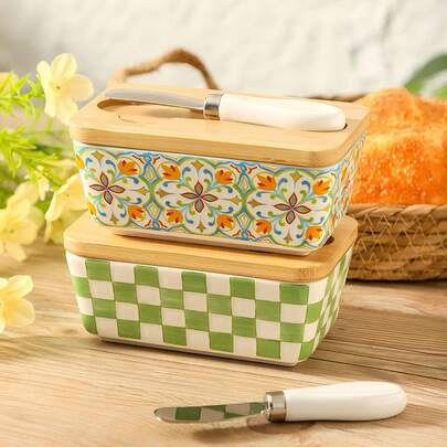 1 Set Ceramic Butter Dish (With Bamboo Lid & Knife), 1 Large Countertop Butter Storage Container, And 1 Sealed Butter Jar With Lid, As Christmas Kitchen Gift