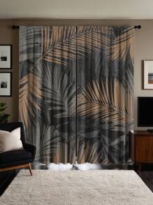 2 件高品质植物叶数码印花窗帘，可机洗，适用于卧室、客厅和餐厅 - 带杆套、隔热、半遮光、家居装饰窗帘