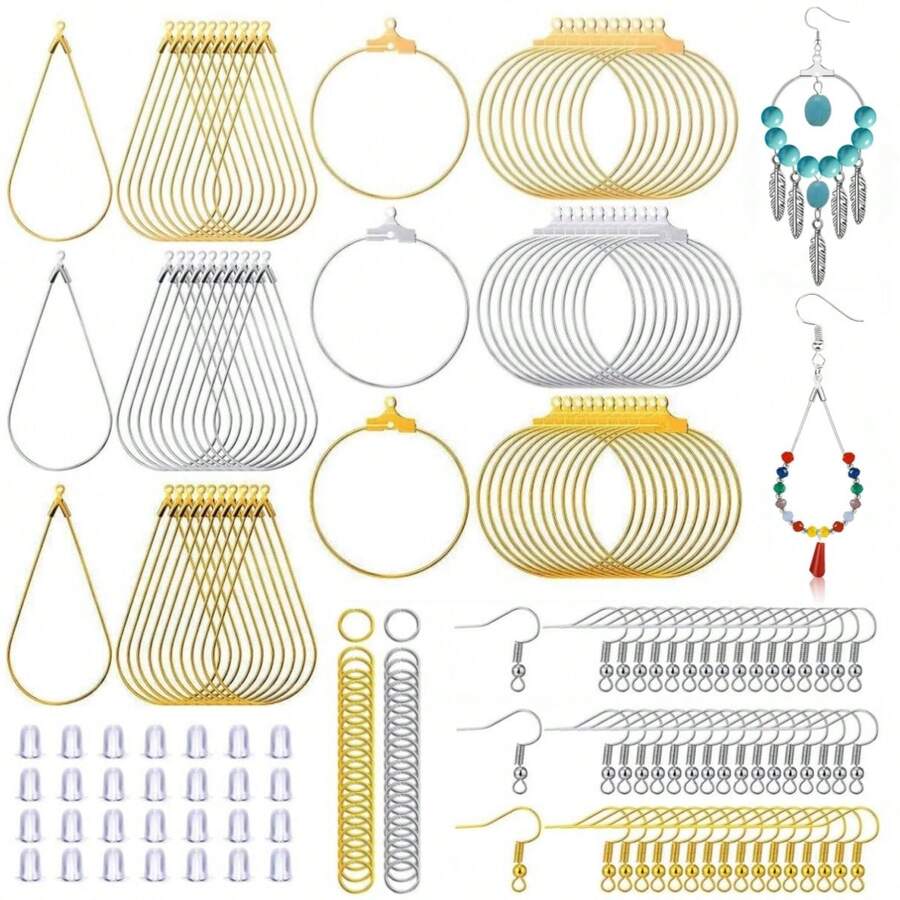 100/200PCS Earring Making Kit - Beading Hoop Finding, Open Hoops Bulk Wire For DIY Jewelry Craft Supplies - Teardrop And Round - Quantity - View 1
