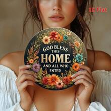 2D Flat Printing, An 8 * 8 Inch Aluminum Metal Sign That Says 'God Bless This Home And All Who Enter', A Welcome Circular Wreath Sign, Wreath Sign, Porch Decoration, Door Decoration, Scene Decoration. - Metal Spray Paint - View 9