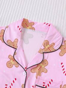 2pcs Christmas Cookie & Candy Print Pajama Set For Women, Comfortable Lapel Button Short Sleeve Top And Elastic Waist Shorts, Casual Outdoor & Homewear