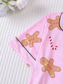 2pcs Christmas Cookie & Candy Print Pajama Set For Women, Comfortable Lapel Button Short Sleeve Top And Elastic Waist Shorts, Casual Outdoor & Homewear