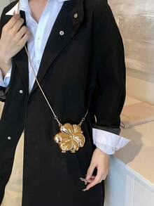 1 Peça Nova Bolsa de Mão Pequena para a Noite com Flor em Formato Metalizado Eletrodepositado Brilhante, Acessório de Moda com Corrente, Porta-Moedas Elegante, Estojo para Batom, Bolsa para Fone de Ouvido, Presente para Mulheres, Adequado para Dia dos Namorados, Festa, Vestido de Casamento, Uso como Bolsa de Ombro/Transversal - Dourado - Visão 8