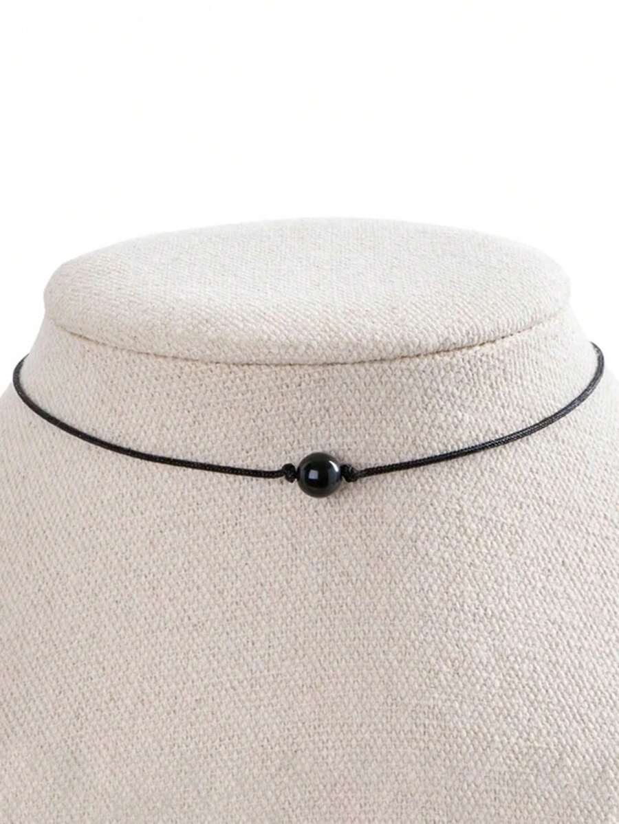 1pc Natural Obsidian Stone Necklace, Handmade Black Cord Woven Necklace, Minimalist Single Bead Necklace, Third Eye Balancing Energy - Black - View 1