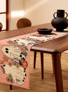 1 pieza Camino de mesa de lino con estampado de calabaza de Halloween y flores, adecuado para fiestas, cumpleaños, cenas, decoración de cocina y comedor, cubierta para muebles de almacenamiento, decoración del hogar para todas las temporadas
