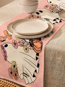 1 pieza Camino de mesa de lino con estampado de calabaza de Halloween y flores, adecuado para fiestas, cumpleaños, cenas, decoración de cocina y comedor, cubierta para muebles de almacenamiento, decoración del hogar para todas las temporadas