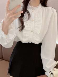 Women Solid Ruffled Lace Patchwork Button Front Long Sleeve Blouse, Casual, Spring/Autumn White - White - View 4