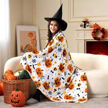 1 pieza Manta de Tiro de Halloween - Manta Suave y Esponjosa con Telarañas de Araña, Murciélagos y Calabazas - Decoración Blanca de Franela Acogedora de Halloween para Fiesta, Sofá, Cama y Sala de Estar - Multicolor - Ver 3