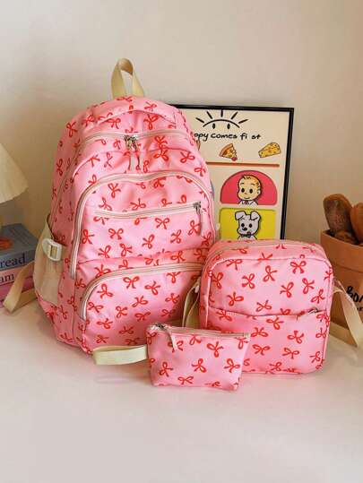 3件套尼龙蝴蝶结印花背包，可折叠多口袋大容量防水拉链背包，适合青少年、高中生、大学生、女士日常使用、通勤、旅行，情人节礼物