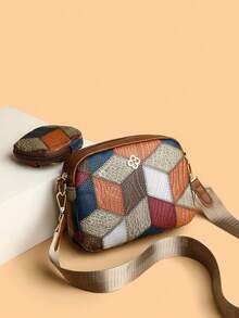 Contrast Color Geometric Decor Metal Accent Crossbody Bag, Suitable For Women's Daily Use - Multicolor - View 3
