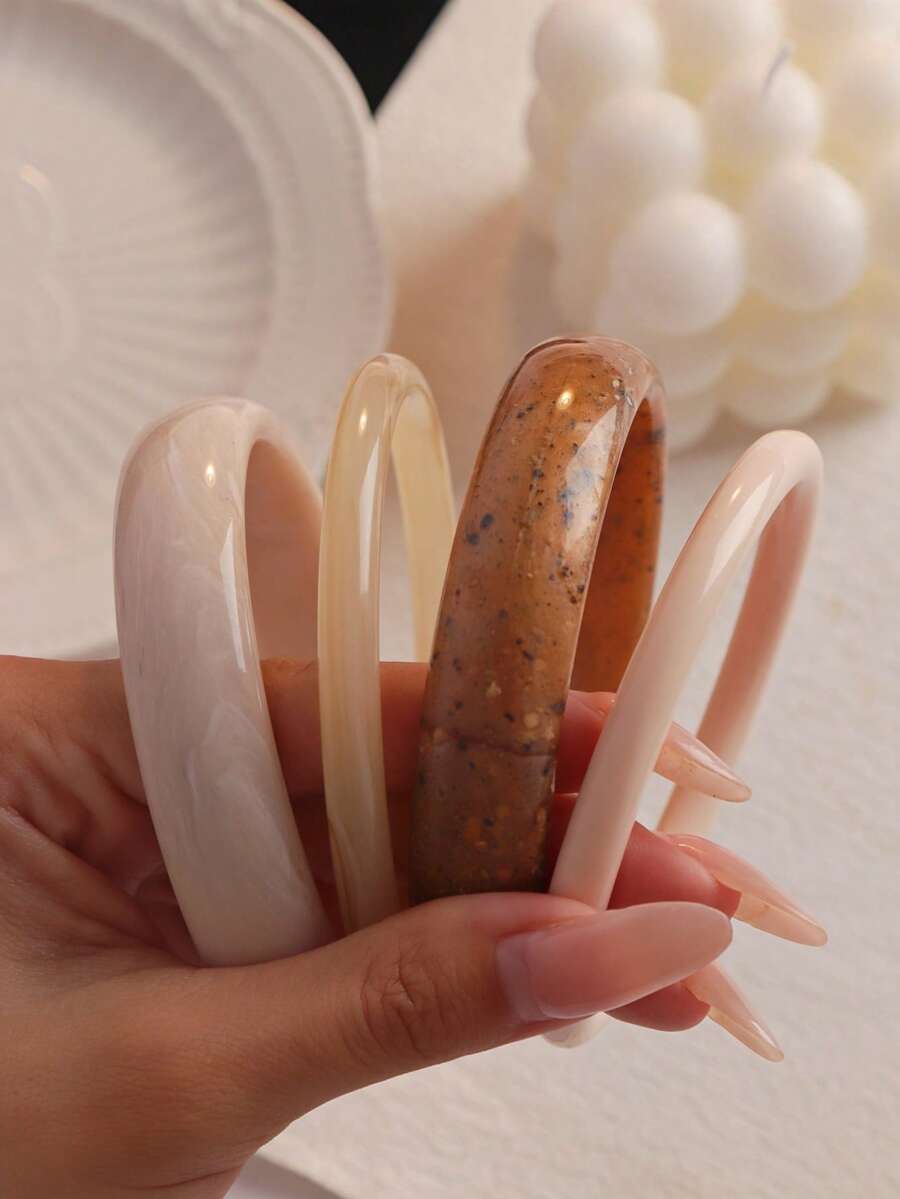 4件裝優雅復古手鍊,時尚極簡設計,適合休閒穿著,壓克力材質,完美適配日常與派對 - 淺棕 - 查看 1